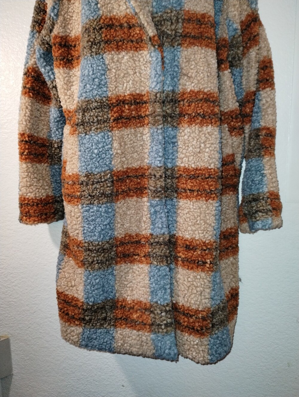 Cozy Plaid Sherpa Long Coat Plaid Blue, Tan & Brown Pockets sz XL - Picture 4 of 17